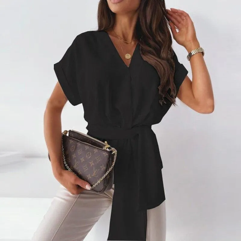 Summer V Neck Bandage Short Sleeve Blouse