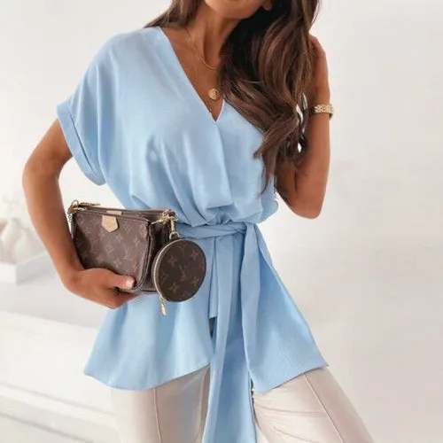 Summer V Neck Bandage Short Sleeve Blouse