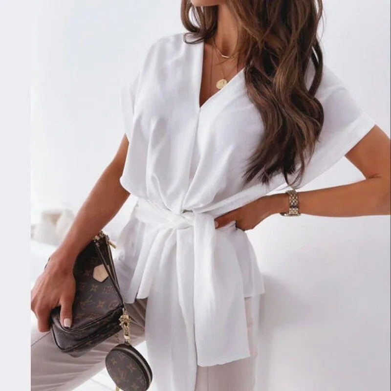 Summer V Neck Bandage Short Sleeve Blouse