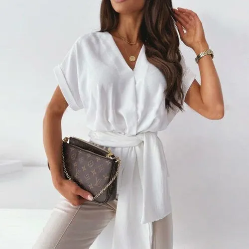 Summer V Neck Bandage Short Sleeve Blouse