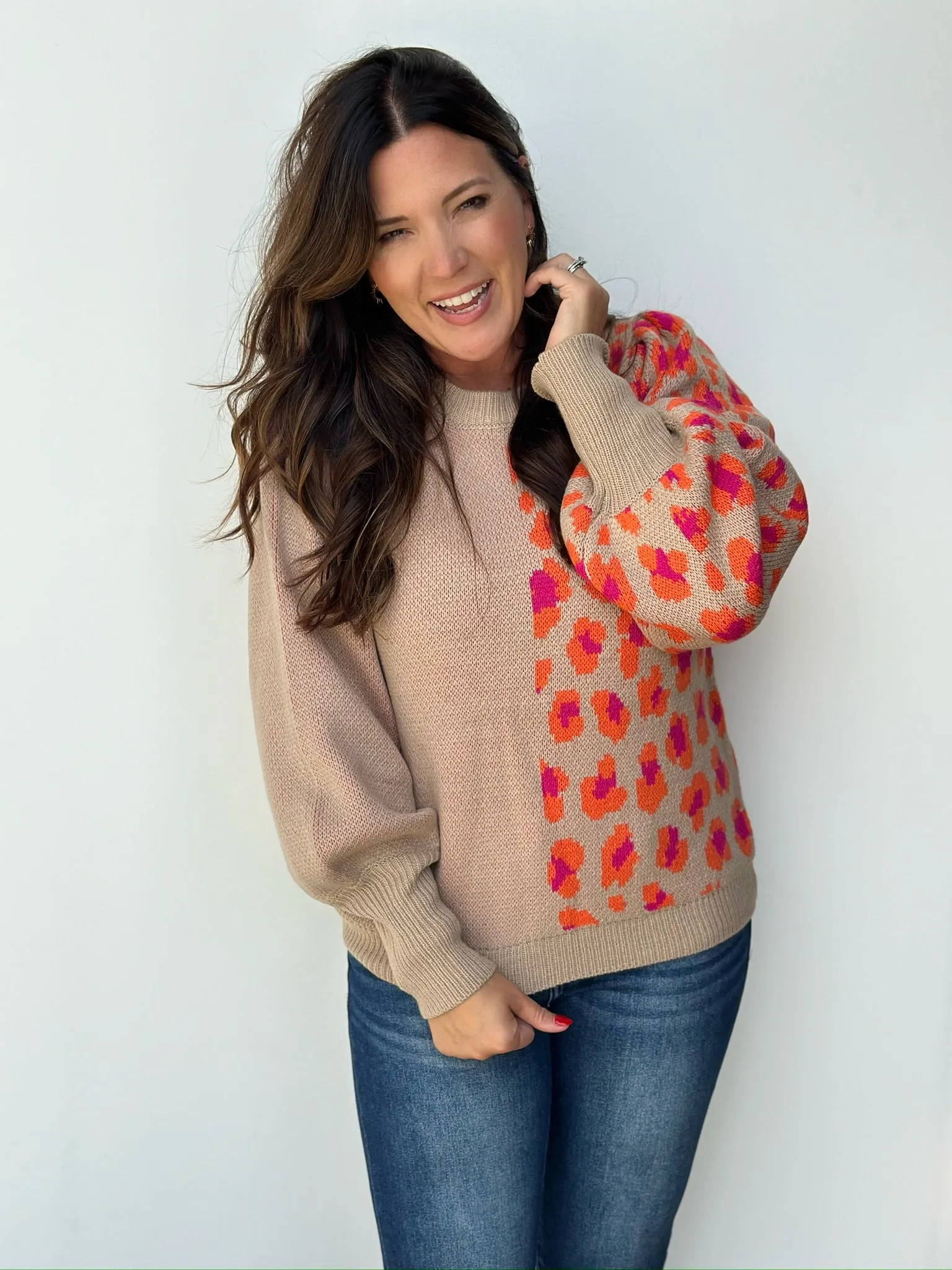 Taupe Orange and Pink Leopard Print Sweater