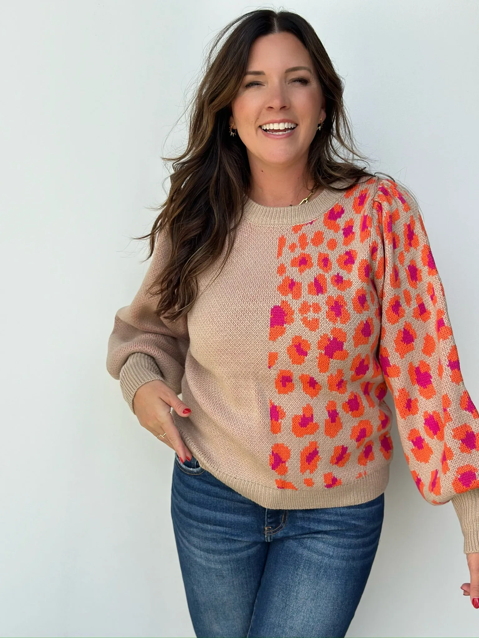 Taupe Orange and Pink Leopard Print Sweater