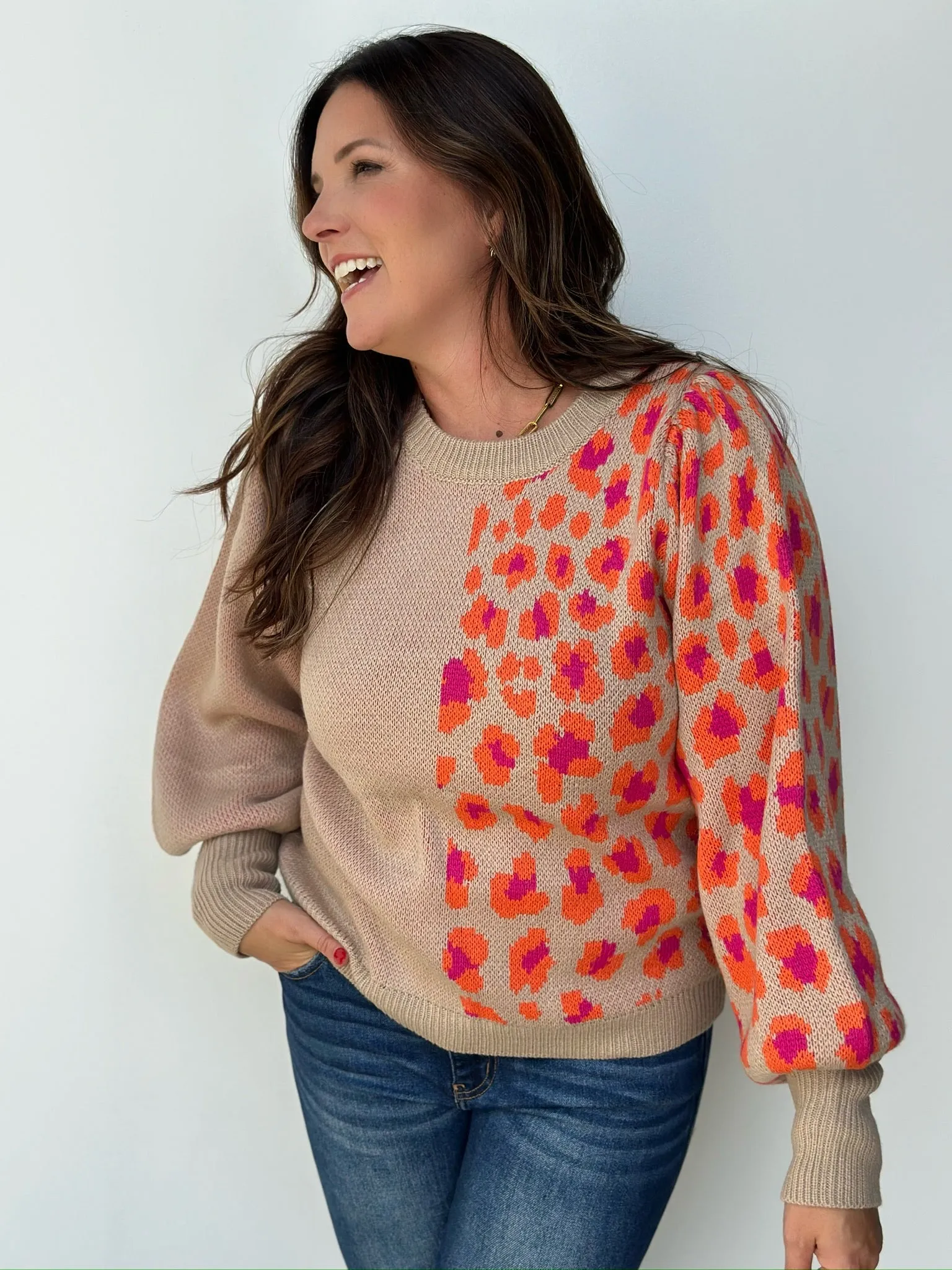 Taupe Orange and Pink Leopard Print Sweater