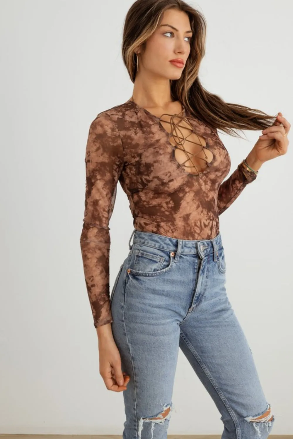 TEEK - Hera Abstract Mesh Lace-Up Long Sleeve Bodysuit