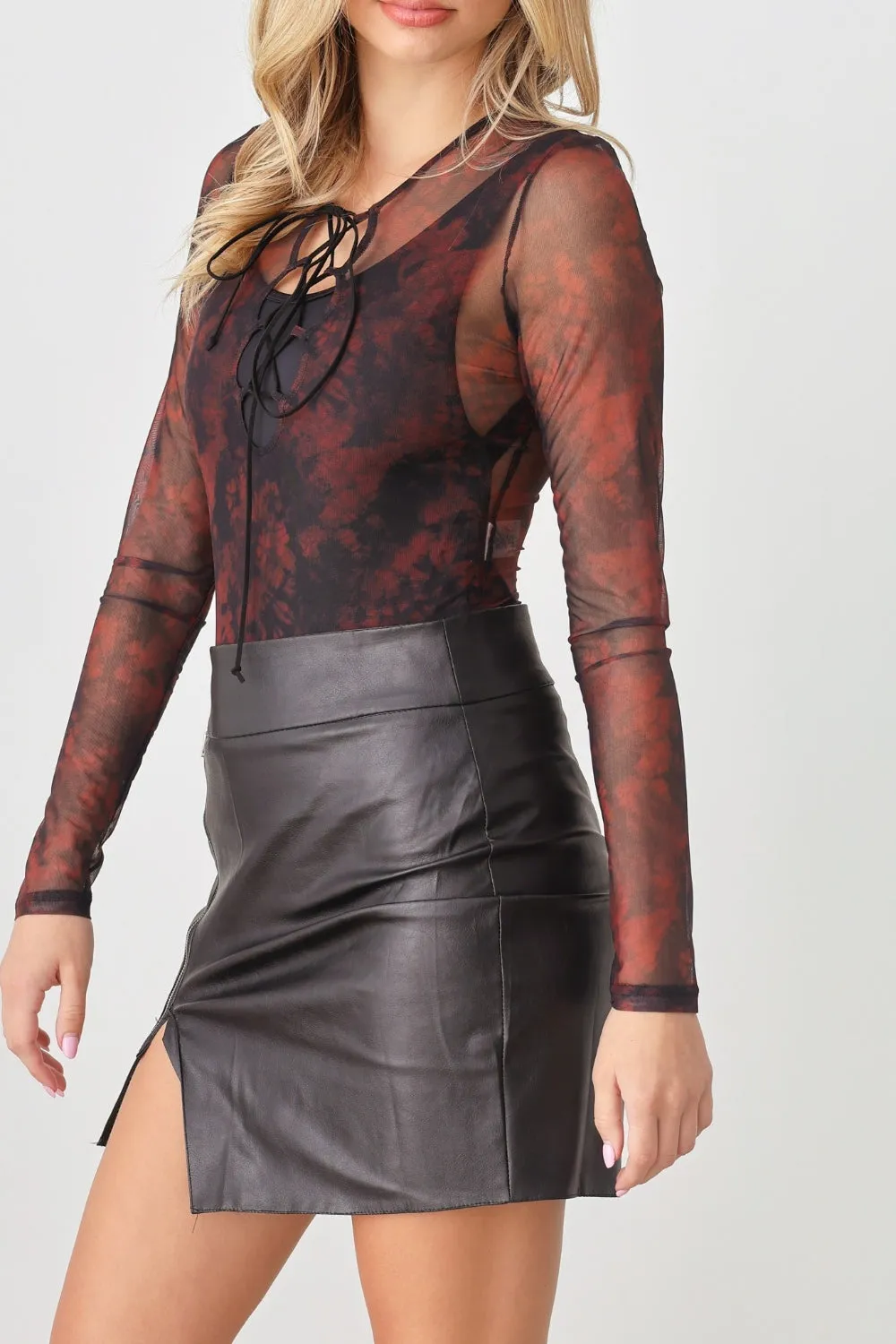 TEEK - Hera Abstract Mesh Lace-Up Long Sleeve Bodysuit