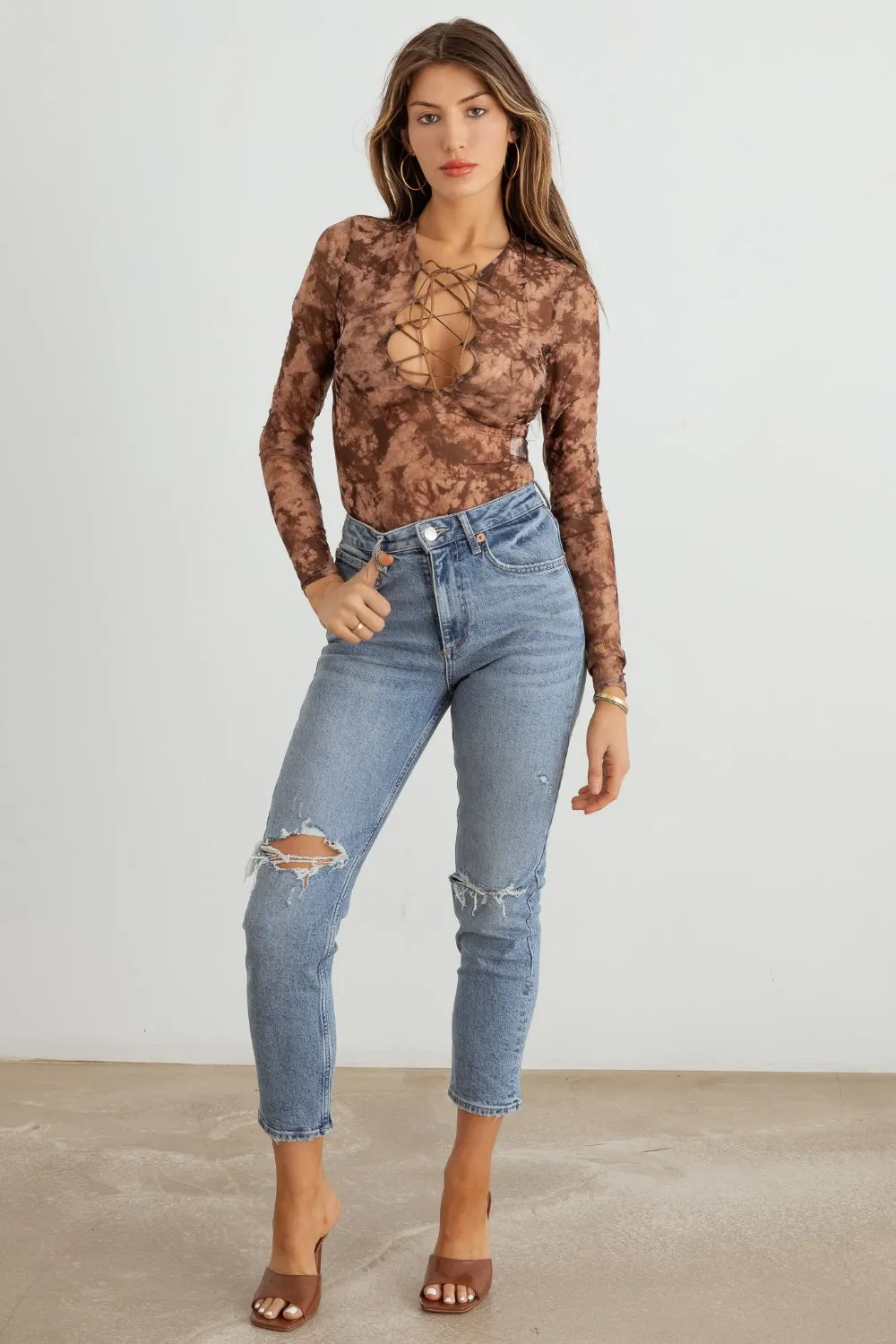 TEEK - Hera Abstract Mesh Lace-Up Long Sleeve Bodysuit