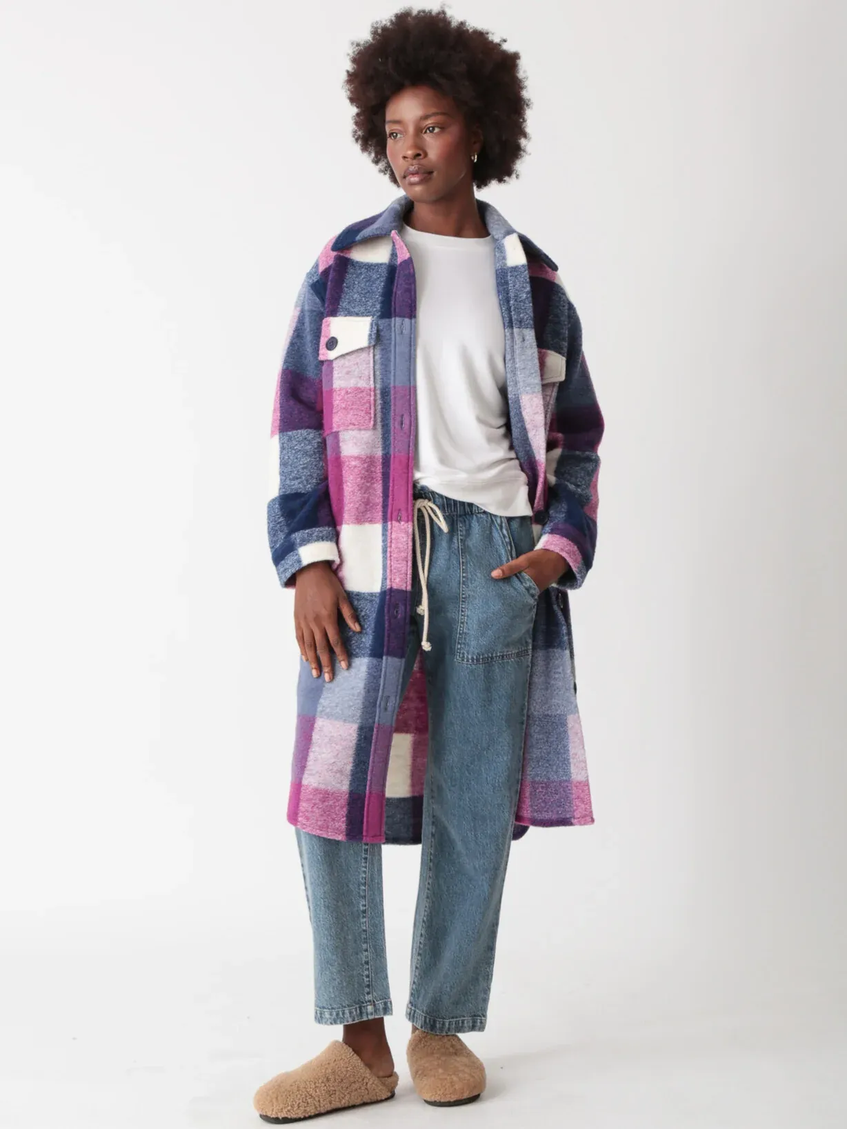 The Capitola Long Shacket -Plaid Berry