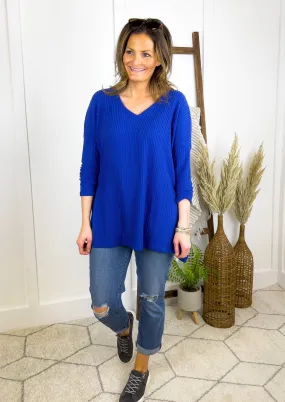 The Lucy Waffle Knit V-Neck Sweater - Royal