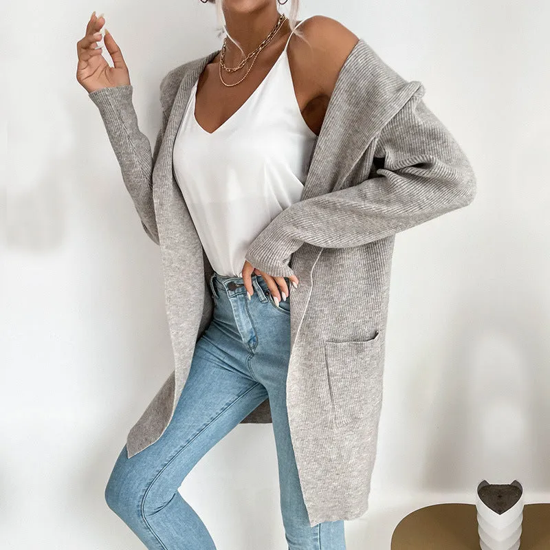 Thin Long Sleeve Hooded Sunken Stripe Knitted Cardigan