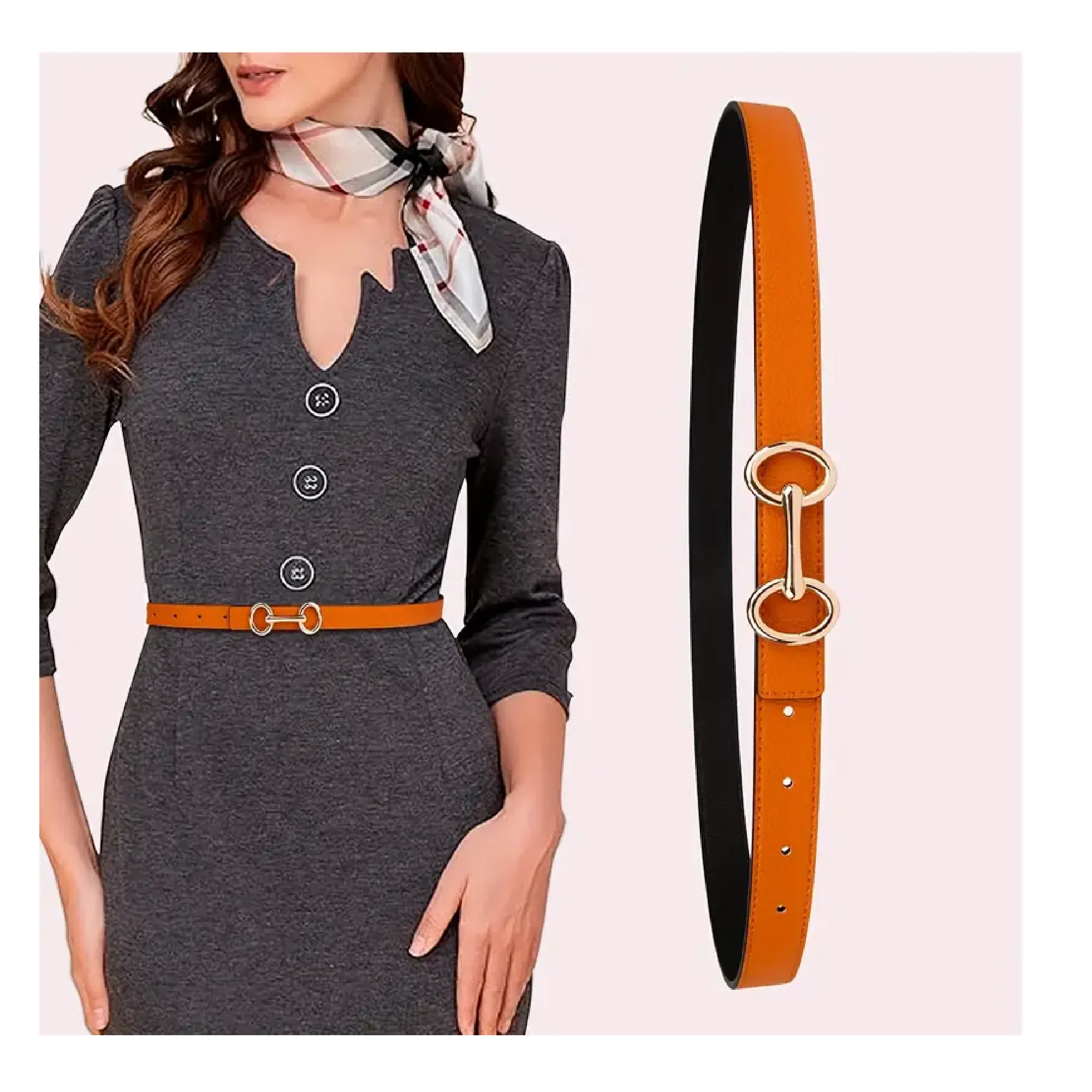 Trendy Orange Reversible Leather Belt Classic Skinny Thin Belts Simple Waistband Elegant Dress Coat Girdle For Women Girls