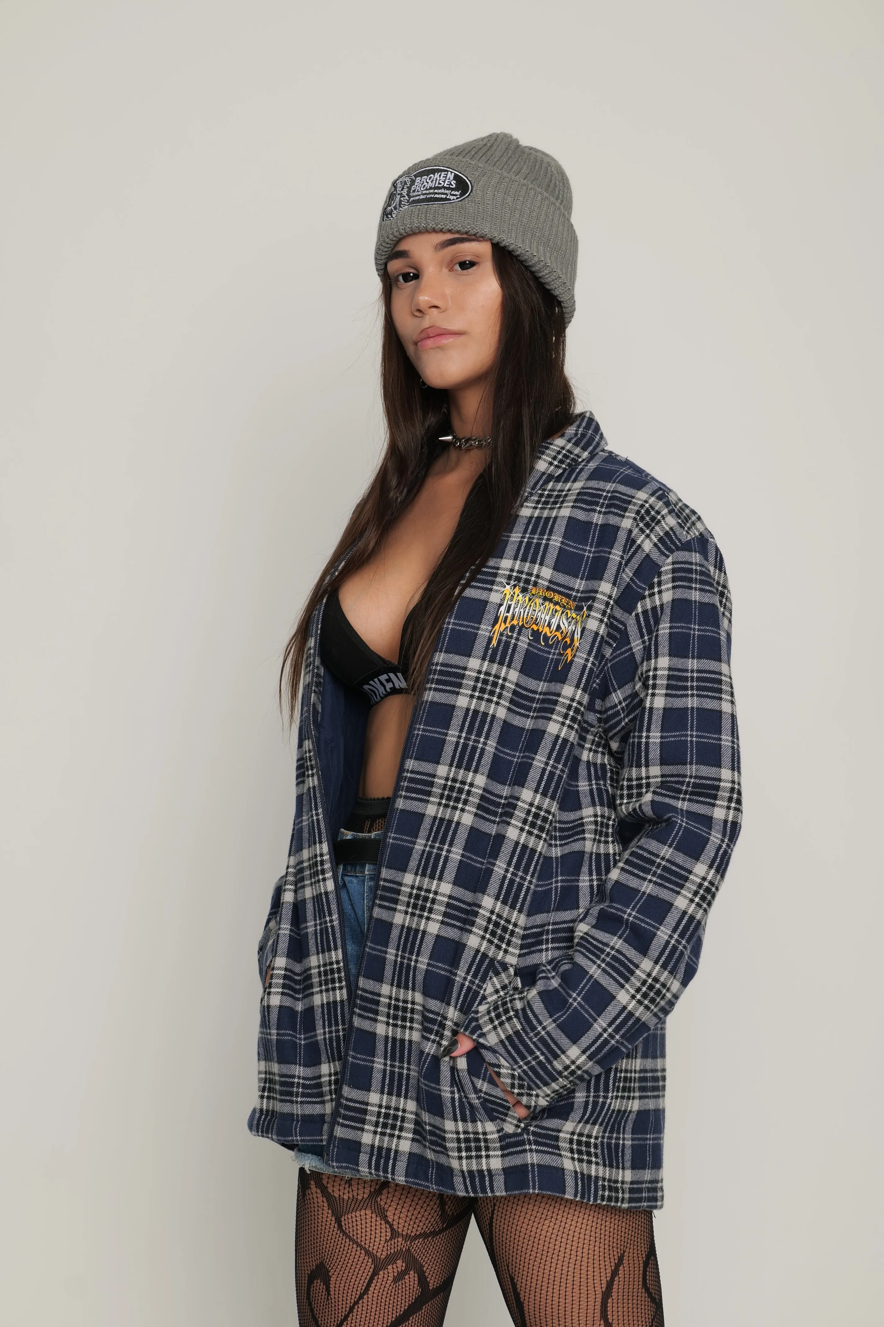 Twin Flame Plaid Quilted Shacket Navy