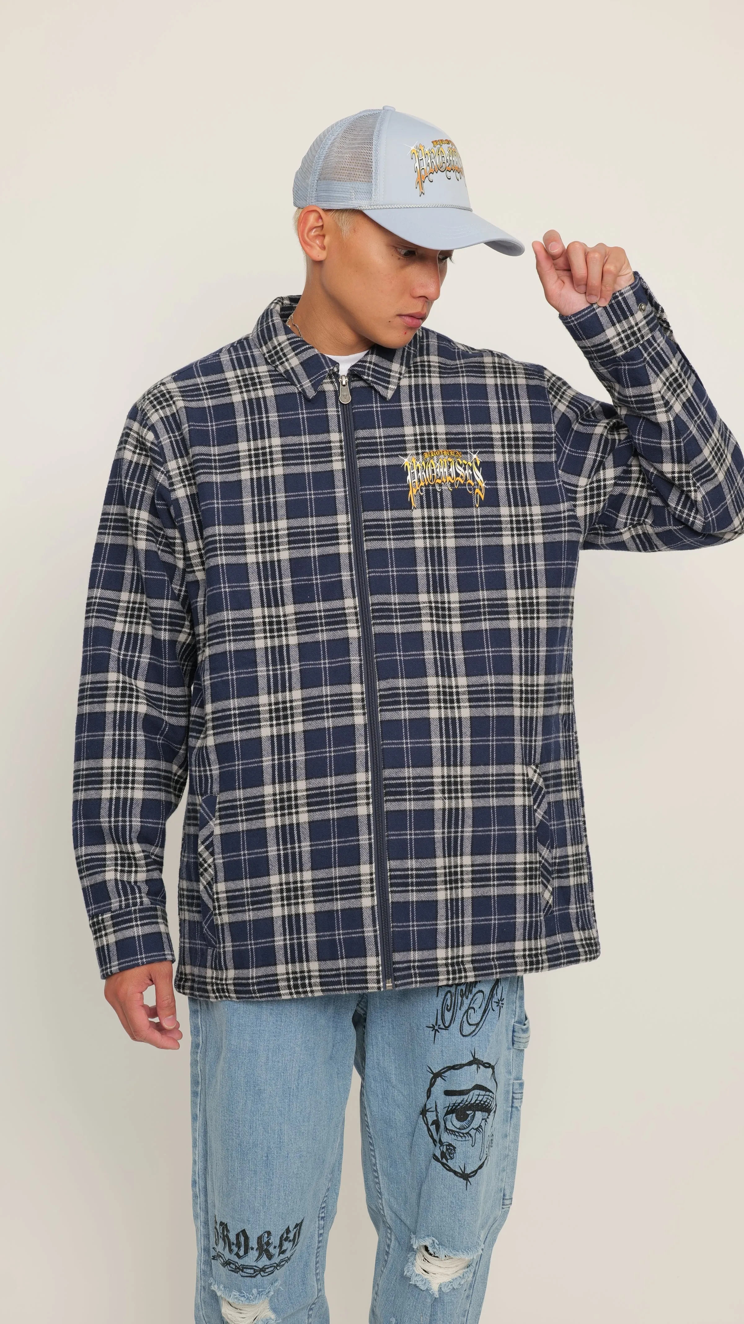 Twin Flame Plaid Quilted Shacket Navy