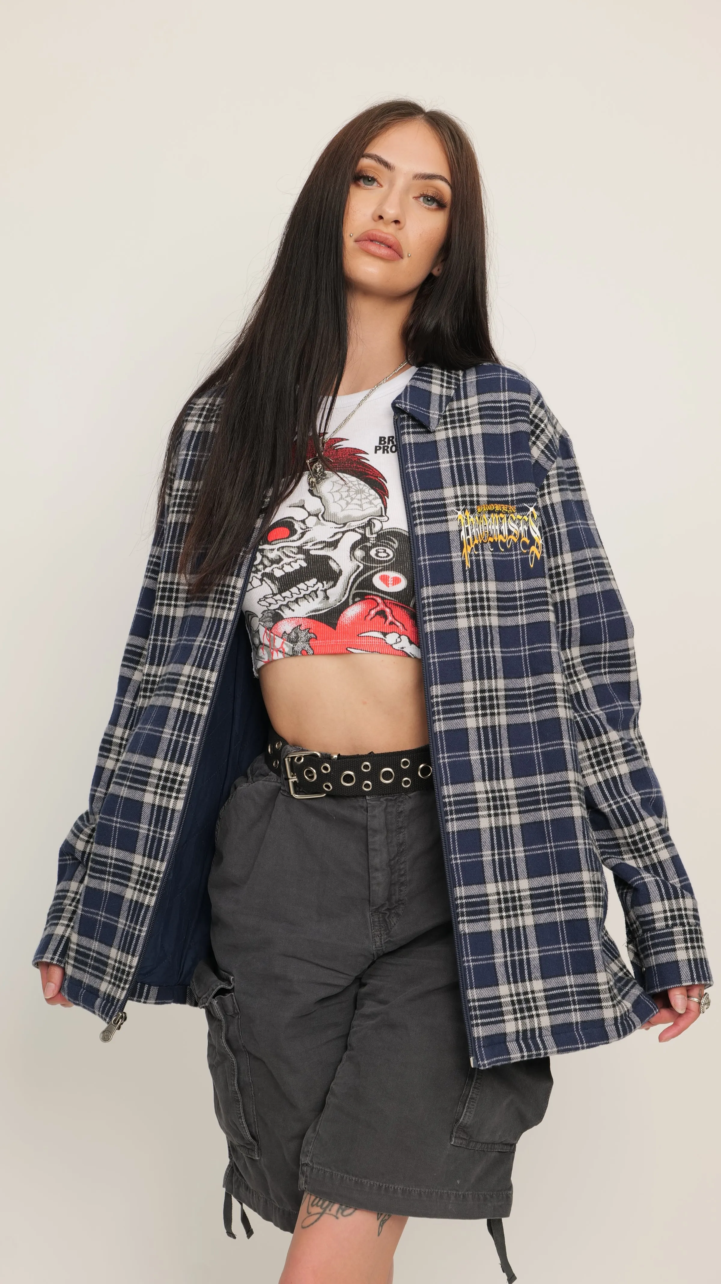 Twin Flame Plaid Quilted Shacket Navy