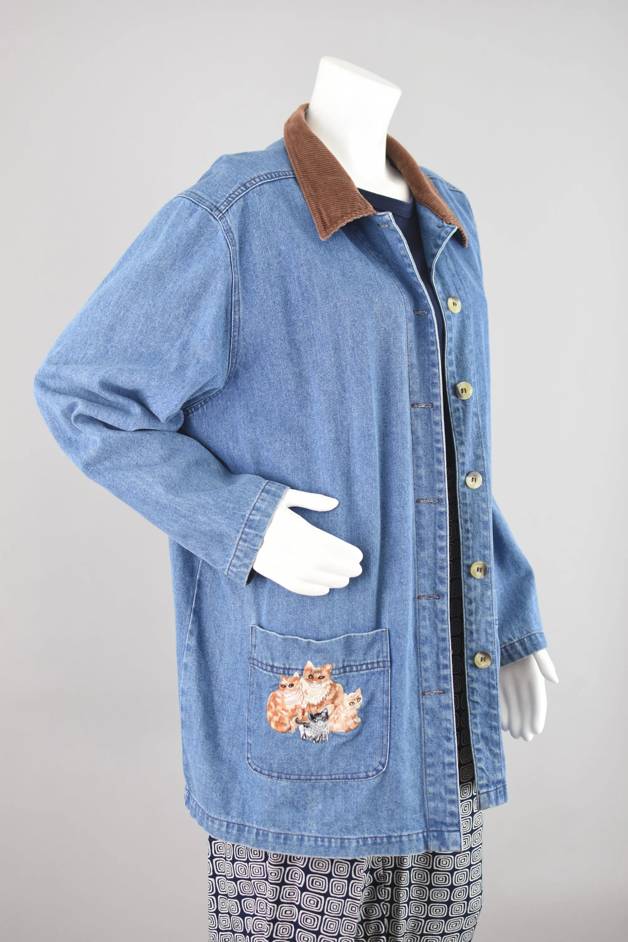 Vintage Jean Jacket with Embroidered Cats Motif, Women's Plus Size 1X