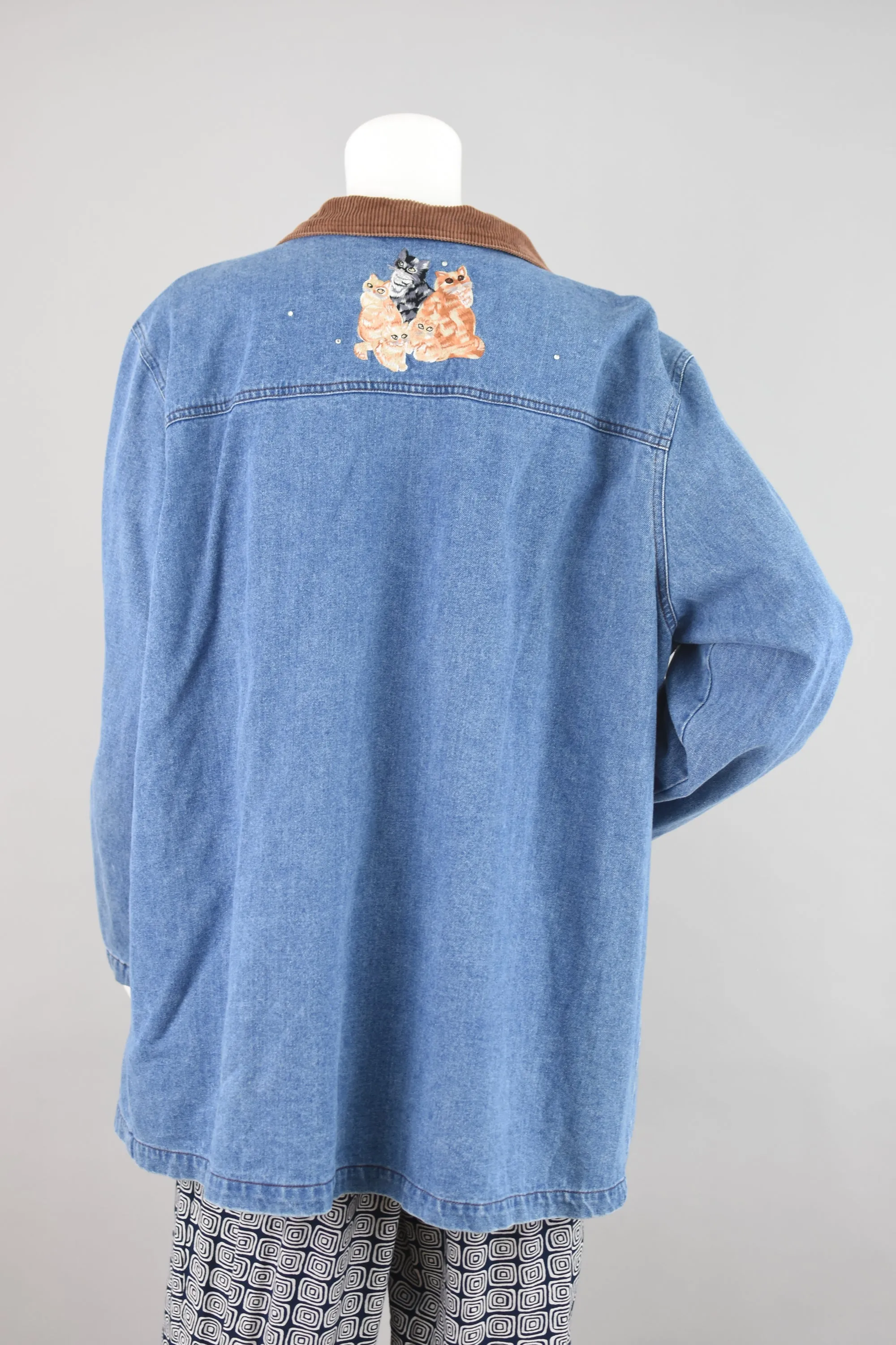 Vintage Jean Jacket with Embroidered Cats Motif, Women's Plus Size 1X