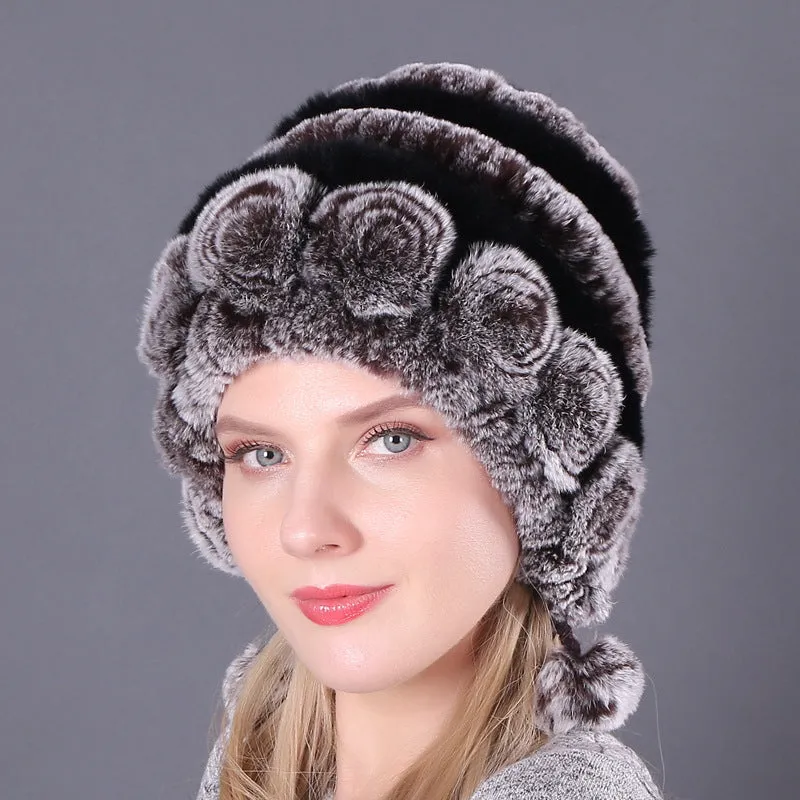 Warm ear protection fur Rex rabbit fur hat three ball autumn and winter round hat knitted women's hat wool hat