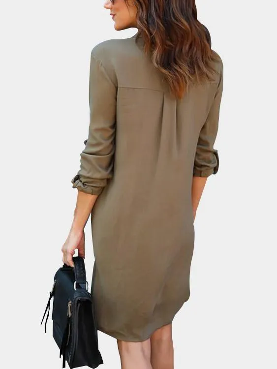 Wholesale Green Long Sleeve Side Pockets Curved Hem Shirt Dresses