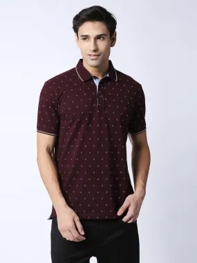 Wine Cotton Lycra Printed Polo T-shirt