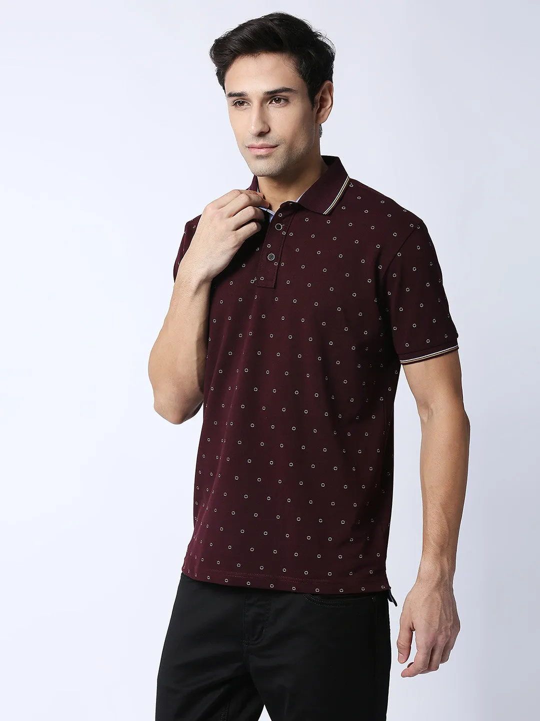 Wine Cotton Lycra Printed Polo T-shirt