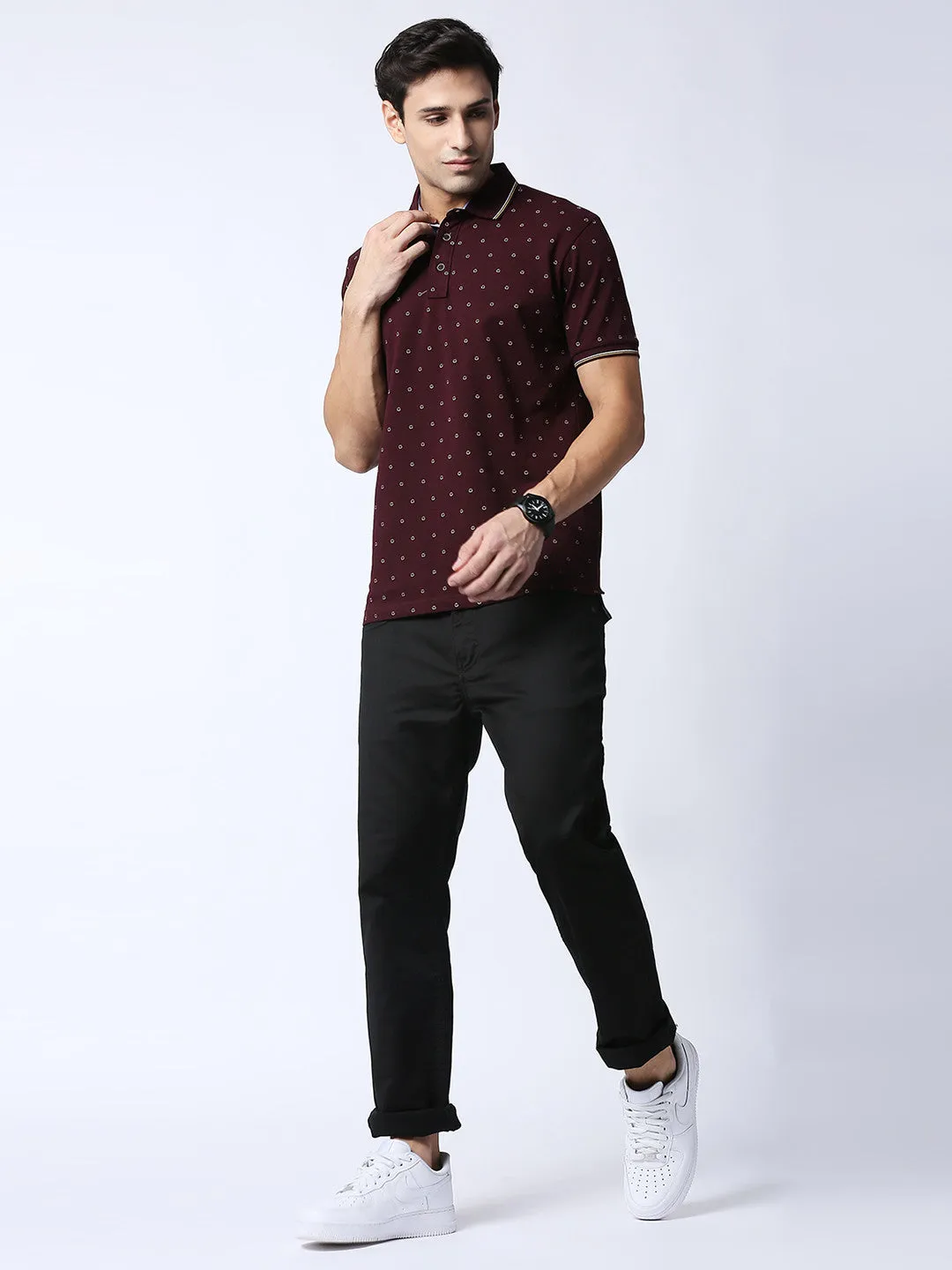 Wine Cotton Lycra Printed Polo T-shirt