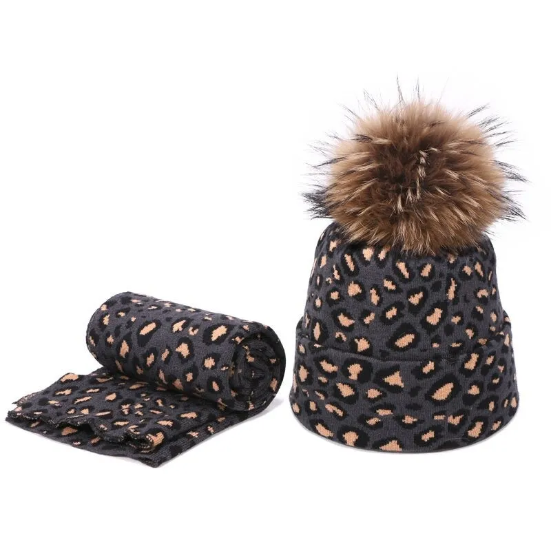 Winter High-fashion Leopard Print Pompon Beanie Hats and Neck Scarf Set