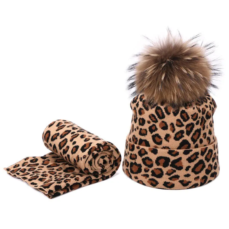 Winter High-fashion Leopard Print Pompon Beanie Hats and Neck Scarf Set