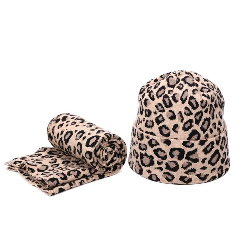 Winter High-fashion Leopard Print Pompon Beanie Hats and Neck Scarf Set