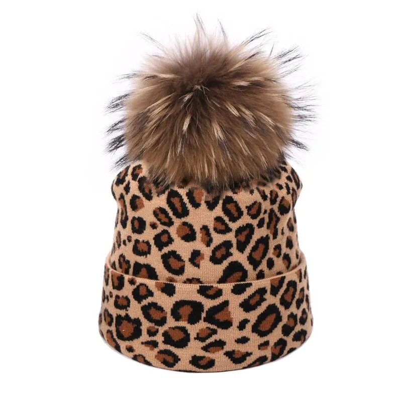 Winter High-fashion Leopard Print Pompon Beanie Hats and Neck Scarf Set