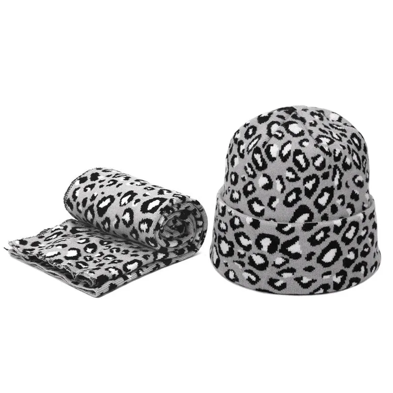 Winter High-fashion Leopard Print Pompon Beanie Hats and Neck Scarf Set