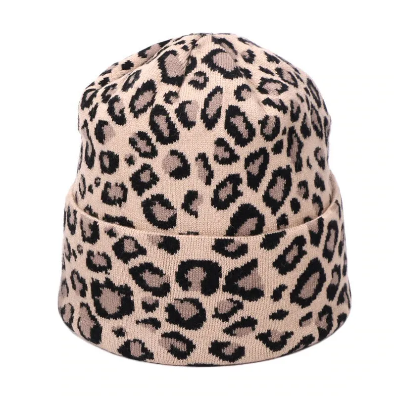 Winter High-fashion Leopard Print Pompon Beanie Hats and Neck Scarf Set