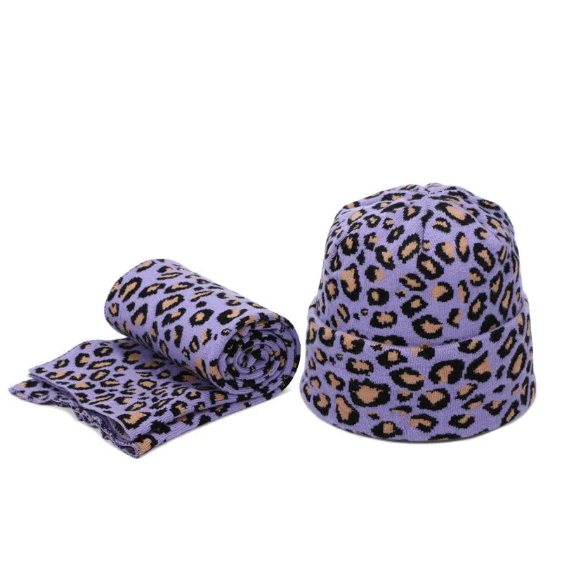 Winter High-fashion Leopard Print Pompon Beanie Hats and Neck Scarf Set