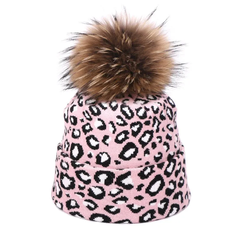 Winter High-fashion Leopard Print Pompon Beanie Hats and Neck Scarf Set