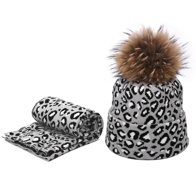 Winter High-fashion Leopard Print Pompon Beanie Hats and Neck Scarf Set