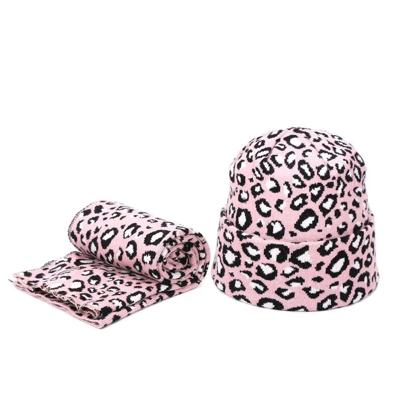 Winter High-fashion Leopard Print Pompon Beanie Hats and Neck Scarf Set