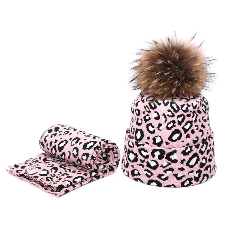 Winter High-fashion Leopard Print Pompon Beanie Hats and Neck Scarf Set