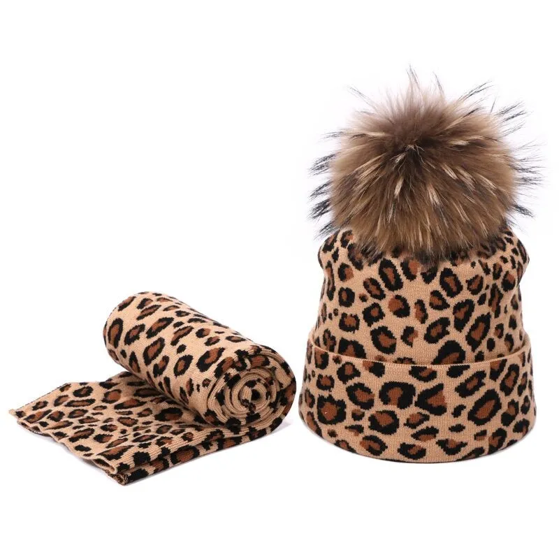 Winter High-fashion Leopard Print Pompon Beanie Hats and Neck Scarf Set