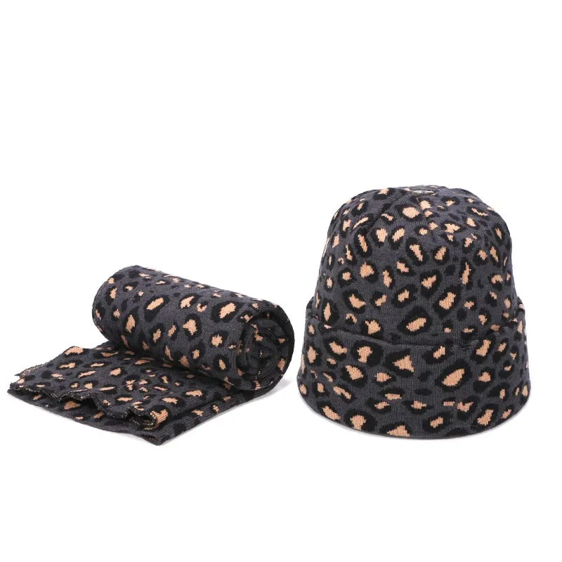 Winter High-fashion Leopard Print Pompon Beanie Hats and Neck Scarf Set