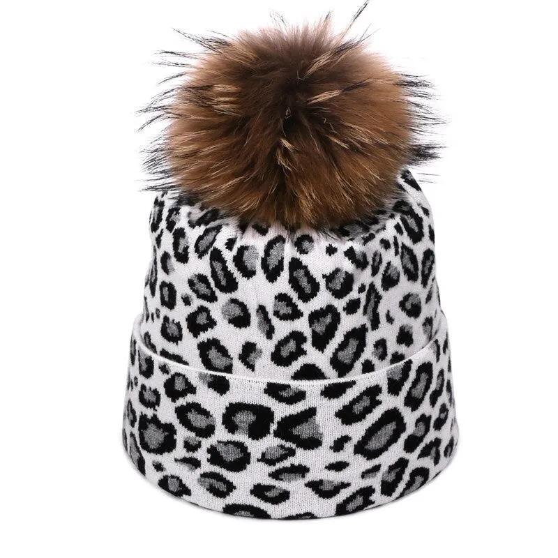 Winter High-fashion Leopard Print Pompon Beanie Hats and Neck Scarf Set