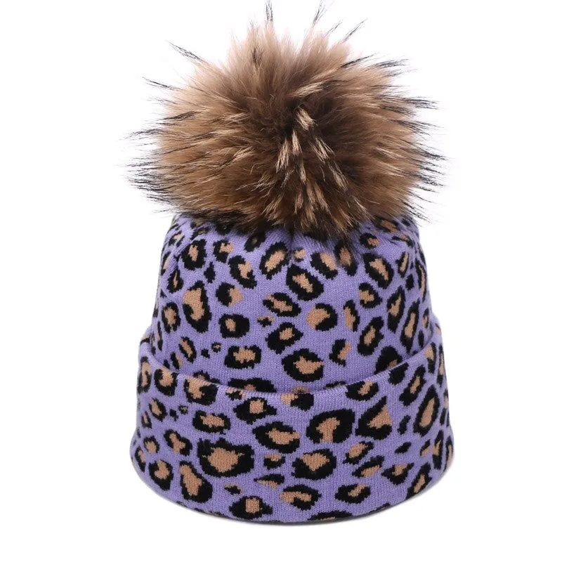 Winter High-fashion Leopard Print Pompon Beanie Hats and Neck Scarf Set