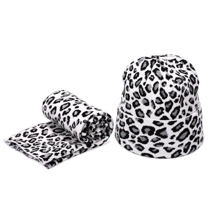 Winter High-fashion Leopard Print Pompon Beanie Hats and Neck Scarf Set