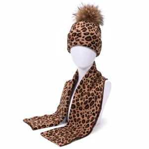 Winter High-fashion Leopard Print Pompon Beanie Hats and Neck Scarf Set