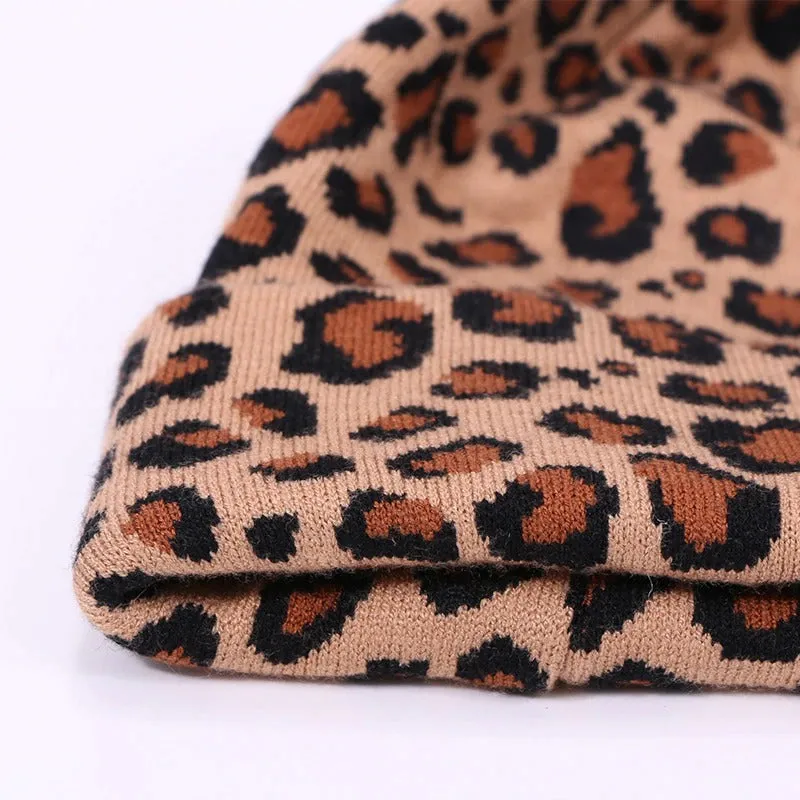 Winter High-fashion Leopard Print Pompon Beanie Hats and Neck Scarf Set