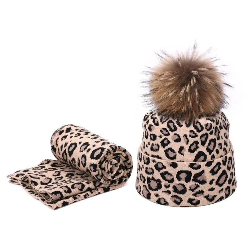 Winter High-fashion Leopard Print Pompon Beanie Hats and Neck Scarf Set