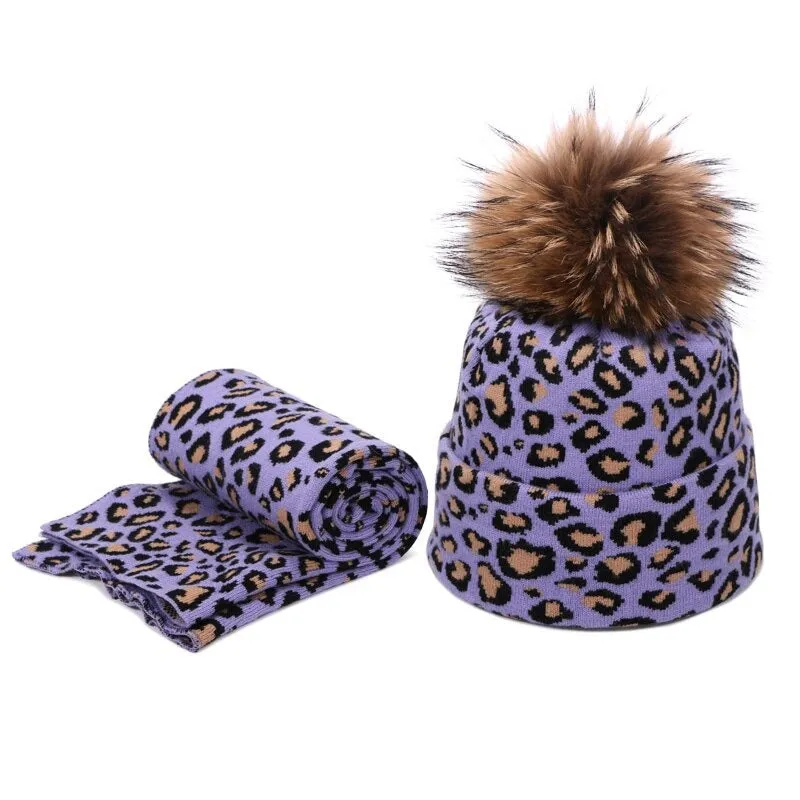 Winter High-fashion Leopard Print Pompon Beanie Hats and Neck Scarf Set