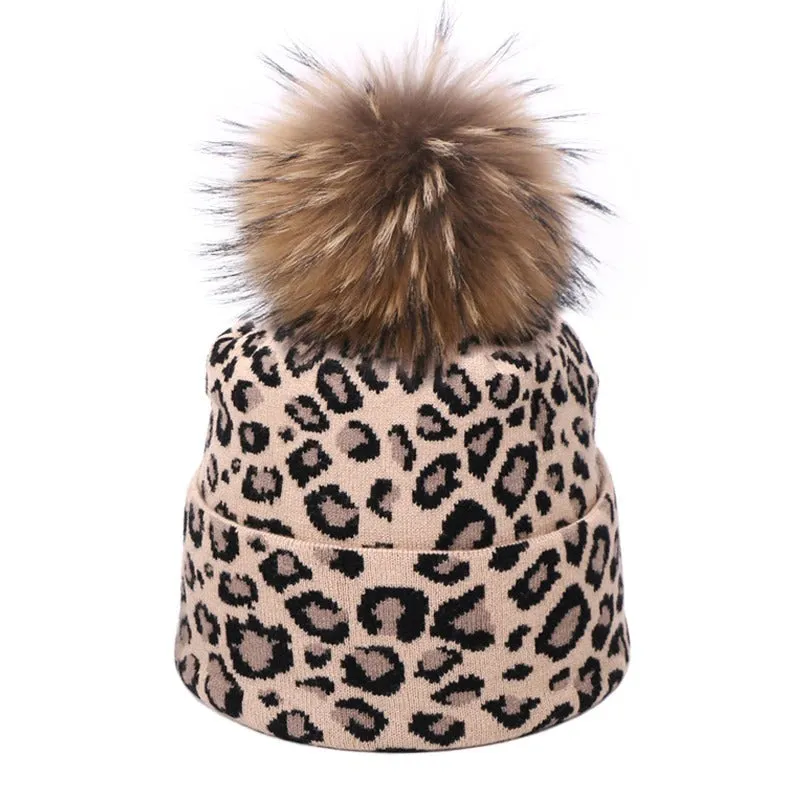 Winter High-fashion Leopard Print Pompon Beanie Hats and Neck Scarf Set