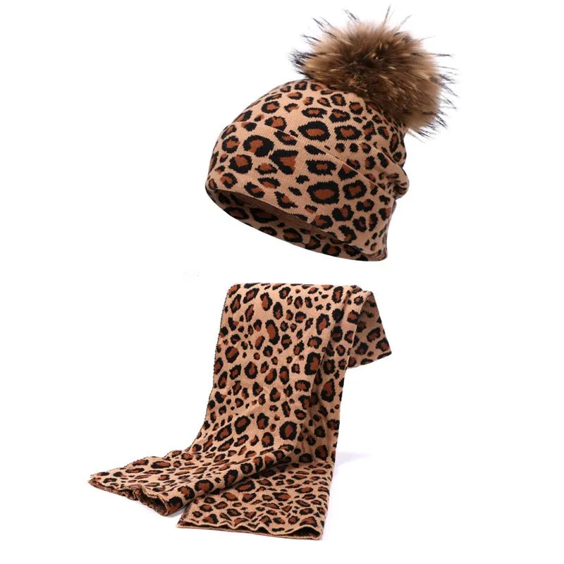 Winter High-fashion Leopard Print Pompon Beanie Hats and Neck Scarf Set