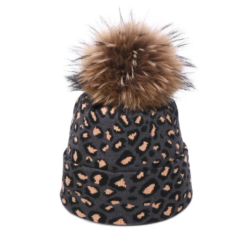 Winter High-fashion Leopard Print Pompon Beanie Hats and Neck Scarf Set