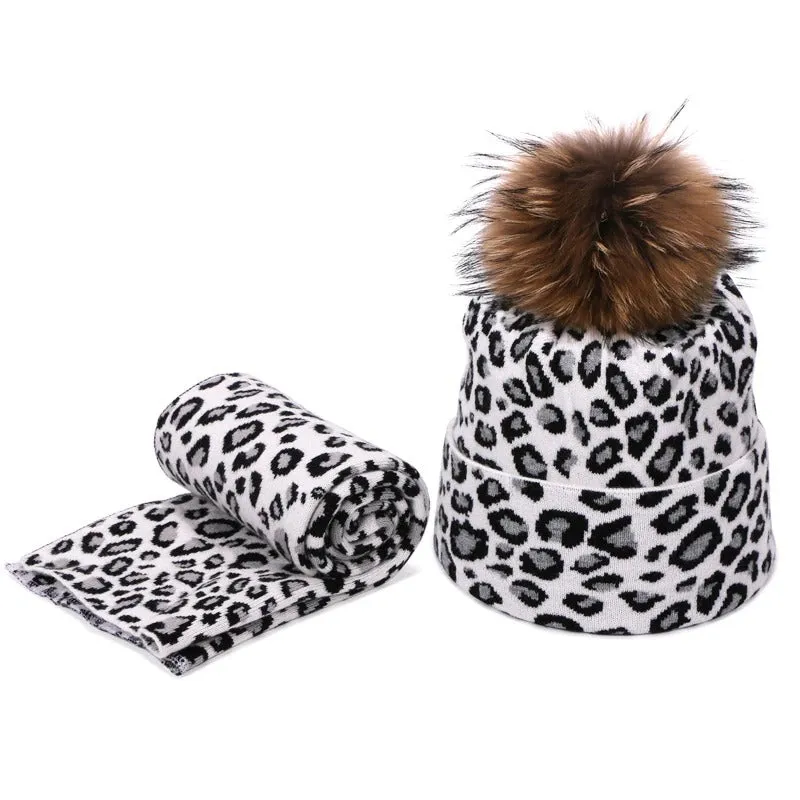 Winter High-fashion Leopard Print Pompon Beanie Hats and Neck Scarf Set