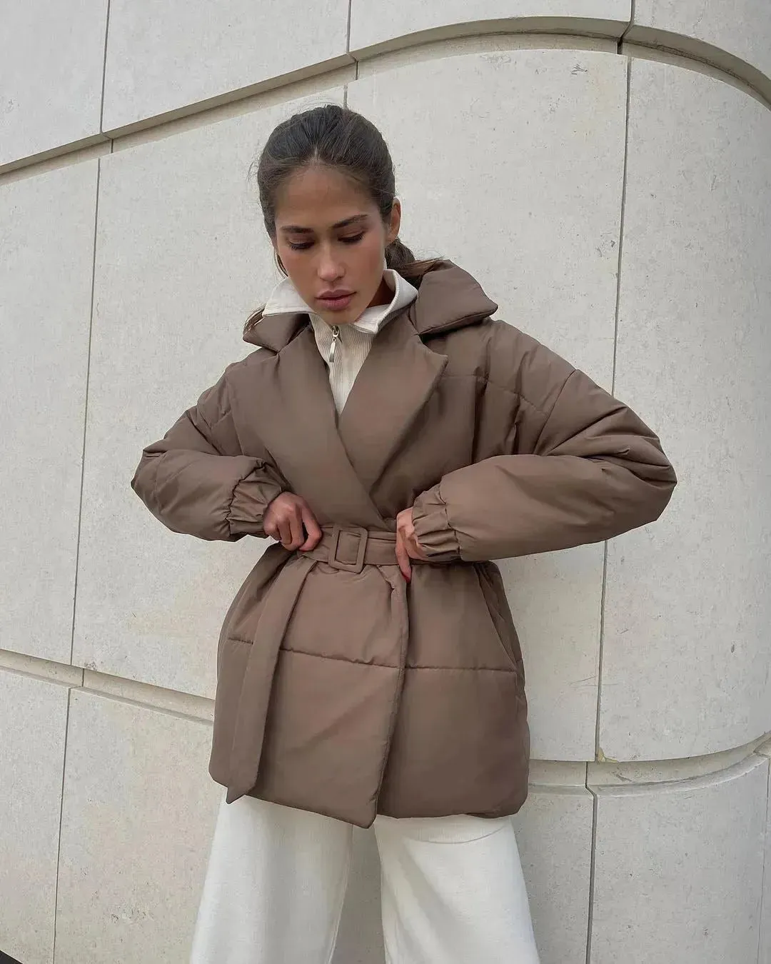 Winter Lapel Waisted Cotton Coat Hooded Winter Jacket women