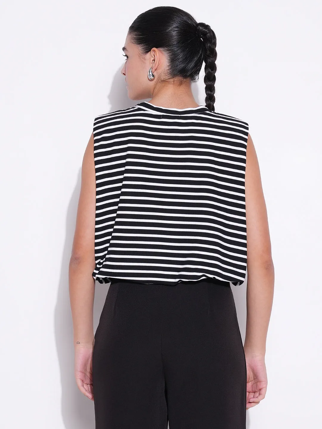 Women Black Striped Top with Chain